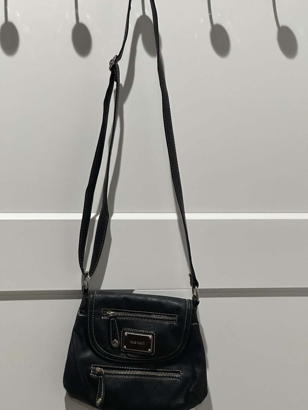 Nine West Black Faux Leather Crossbody Bag with Silver Tone Hardware